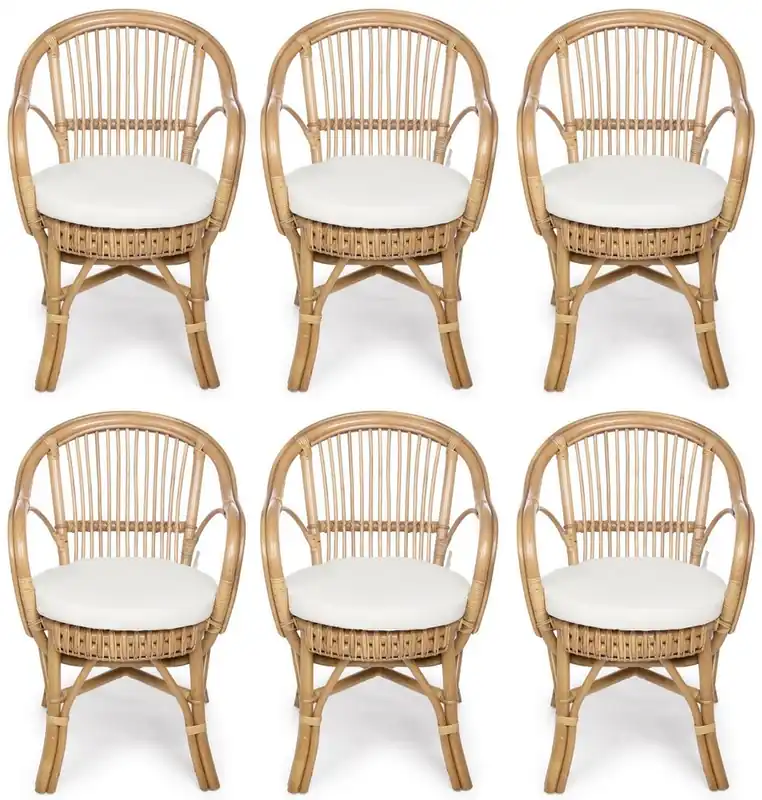 Casa Padrino ensemble de 6 chaises de jardin de luxe naturel / blanc 57 x 61 x H. 80 cm - Chaises en rotin avec accoudoirs et coussins d'assise - Mobilier de jardin et terrasse moderne en rotin Preis Gesenkt