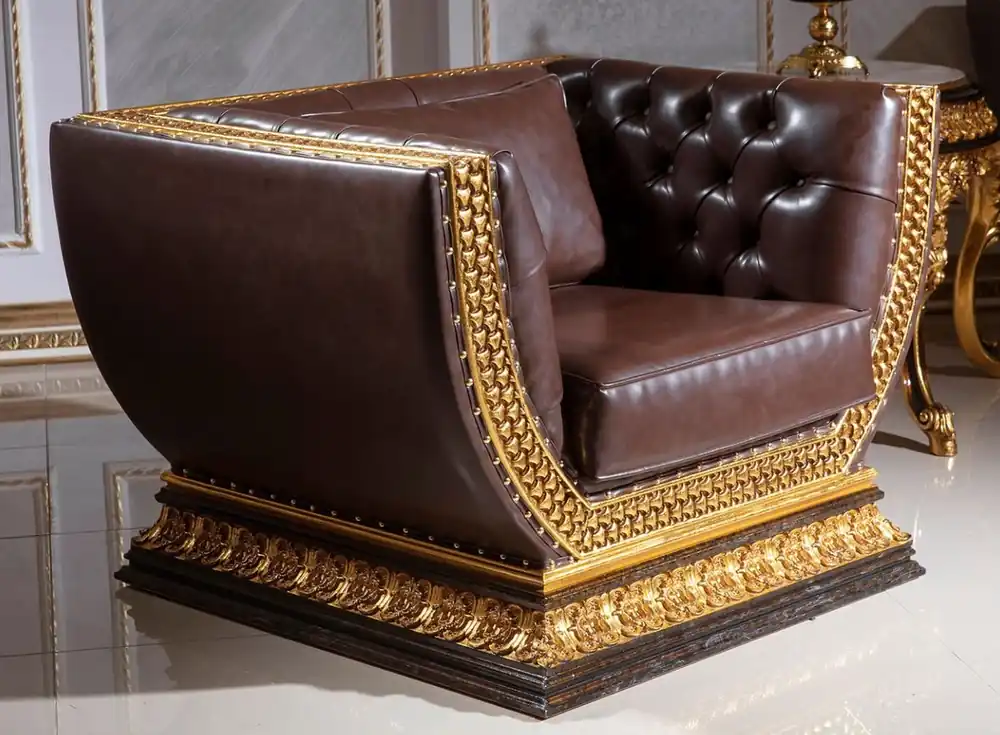 Casa Padrino fauteuil baroque Chesterfield de luxe marron foncé / or - Magnifique fauteuil de salon en cuir artificiel fin - Mobilier de Salon Baroque Chesterfield Wochenendangebot