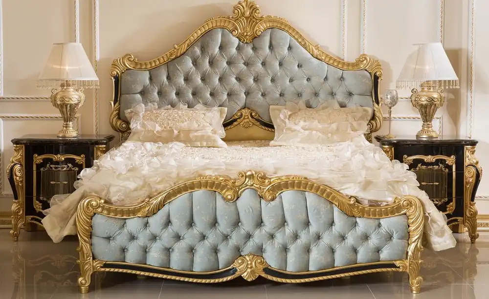 Casa Padrino ensemble de chambre baroque de luxe bleu clair / noir / or - 1 Lit Double avec Tête de Lit et 2 Tables de Chevet - Mobilier de chambre style baroque - Noble et Magnifique Finale Aktion