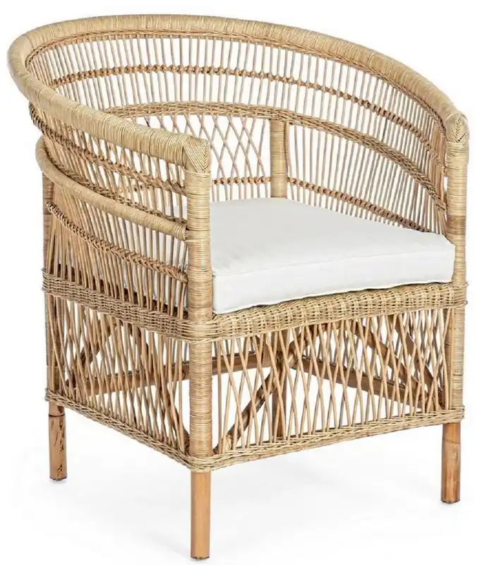 Casa Padrino fauteuil de jardin de luxe naturel / blanc 79 x 72 x H. 86 cm - Fauteuil de jardin & terrasse en rotin avec coussin d'assise - Meubles de Jardin et Terrasse - Qualité de Luxe Versand Am Gleichen Tag