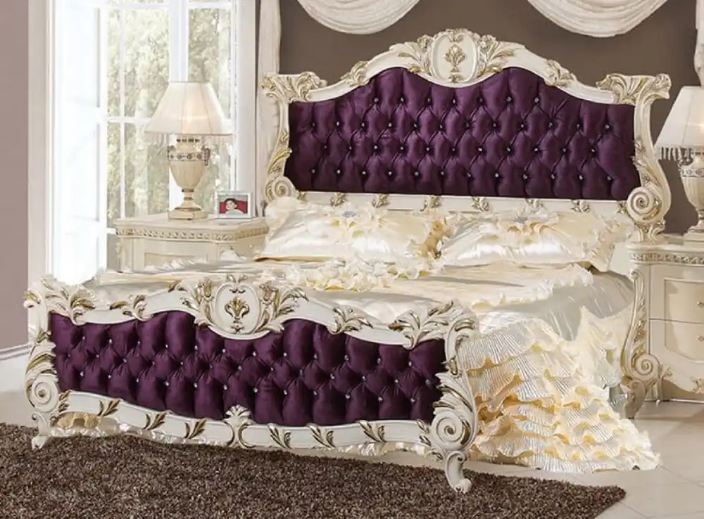 Finale Aktion Casa Padrino lit double baroque de luxe violet / blanc / or - Magnifique lit en bois massif avec strass - Meuble de chambre de style baroque - Noble & Magnifique