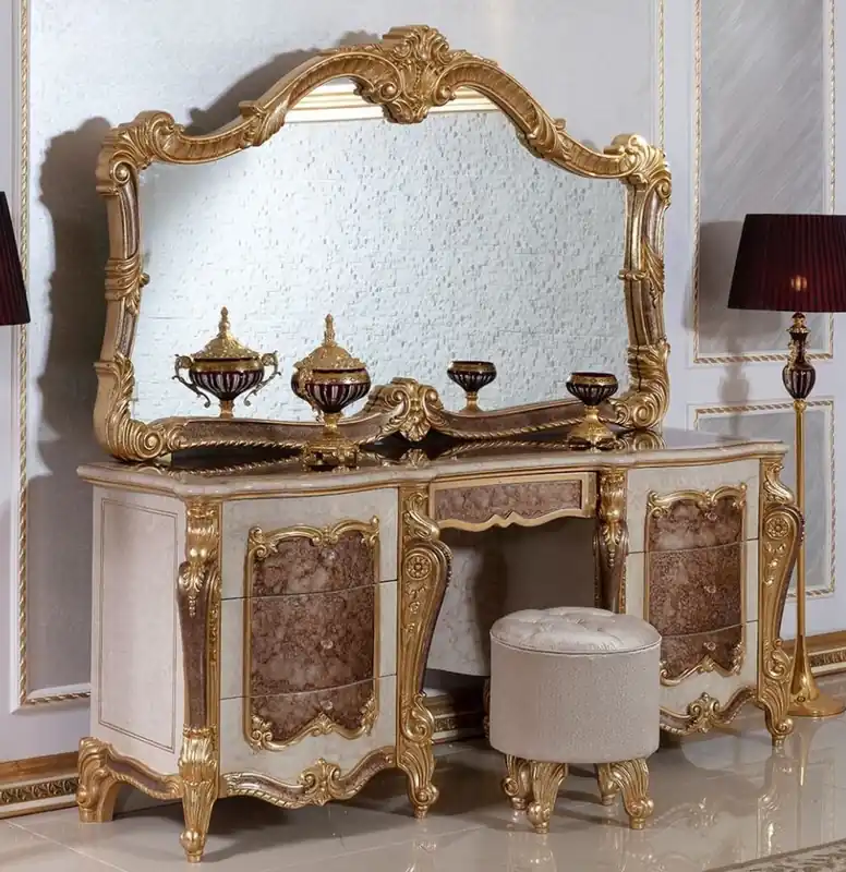 Top-Angebot Casa Padrino ensemble de chambre baroque de luxe blanc / marron / or / argent - 1 Commode à Maquillage Baroque & 1 Miroir Baroque & 1 Tabouret Baroque - Meuble de chambre baroque