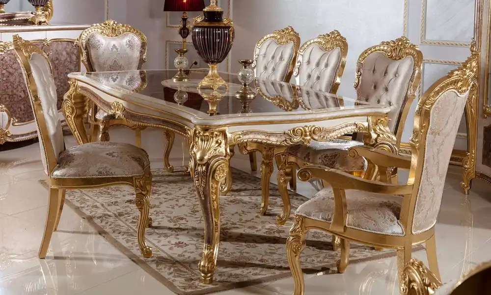 Casa Padrino ensemble de salle à manger baroque de luxe blanc / argent / marron / or - 1 Table à Manger Baroque et 6 Chaises de Salle à Manger Baroque - Mobilier de salle à manger baroque Ausverkauf