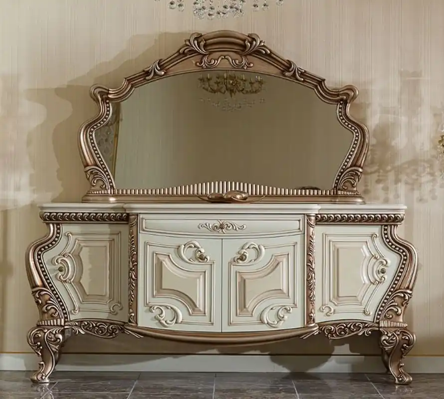 Echt Casa Padrino ensemble de meubles baroques de luxe blanc / beige / cuivre - 1 Buffet Baroque & 1 Miroir Mural Baroque - Mobilier Baroque Fait Main - Noble & Magnifique