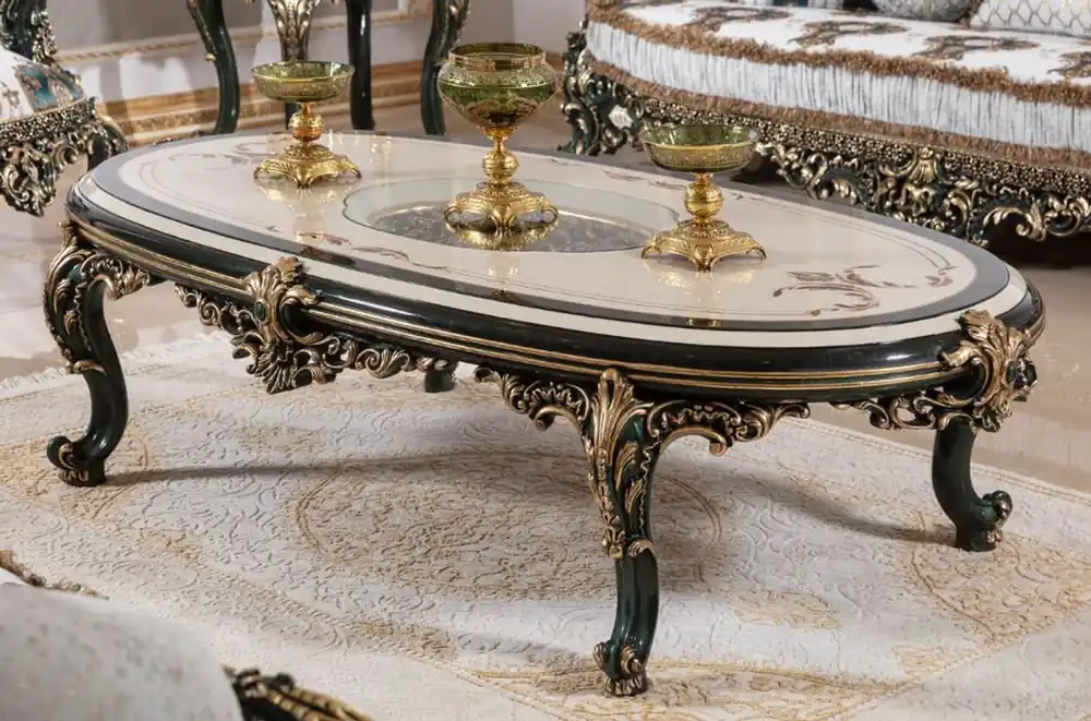 Wochenendangebot Casa Padrino table basse baroque de luxe beige / blanc / vert / or - Magnifique table de salon en bois massif avec plateau en verre - Meubles de salon baroques - Noble & Magnifique