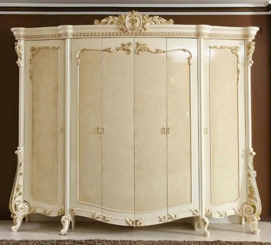 Casa Padrino armoire de chambre baroque de luxe beige / blanc / or - Magnifique armoire en bois massif avec 6 portes - Mobilier de chambre baroque - Noble et Magnifique Sonderaktion