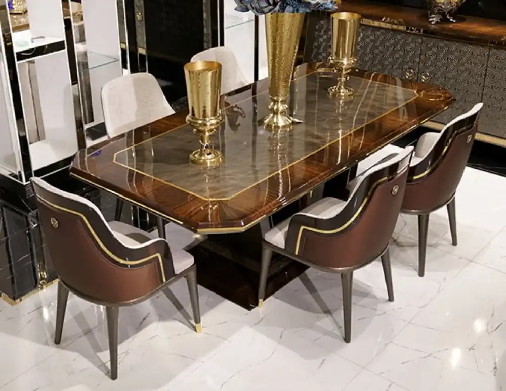 Casa Padrino ensemble de salle à manger de luxe gris / marron / or - 1 Table à Manger et 6 Chaises de Salle à Manger - Meubles de salle à manger de luxe - Qualité de Luxe Nur Heute
