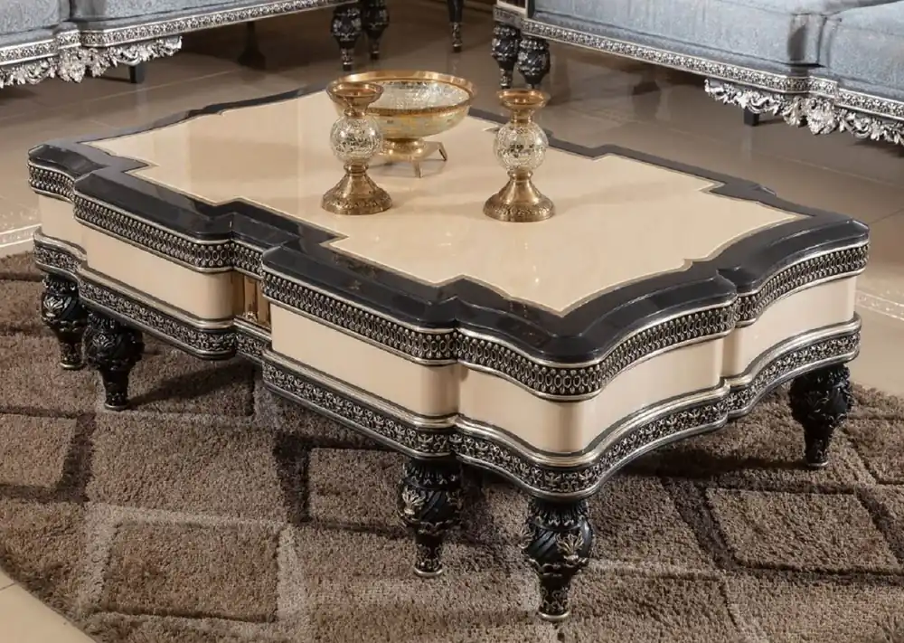Neue Kollektion Casa Padrino table basse baroque de luxe beige / noir / or - Magnifique table de salon en bois massif de style baroque - Meuble de salon baroque - Noble & Magnifique