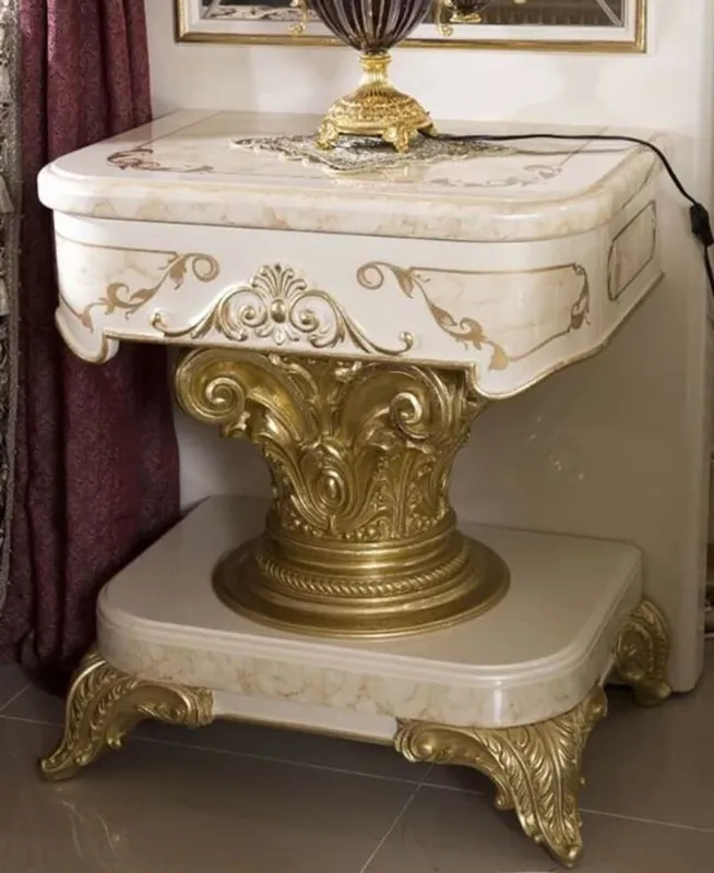 Casa Padrino table de chevet baroque de luxe blanc / beige / or - Table de chevet baroque fait main avec tiroir - Mobilier de chambre baroque Kracherpreis
