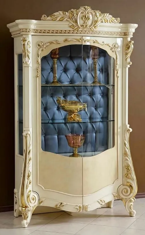 Casa Padrino vitrine baroque de luxe beige / blanc / or / bleu - Magnifique vitrine en bois massif avec 2 portes vitrées - Mobilier Baroque Fait Main - Noble & Magnifique Neue Ware
