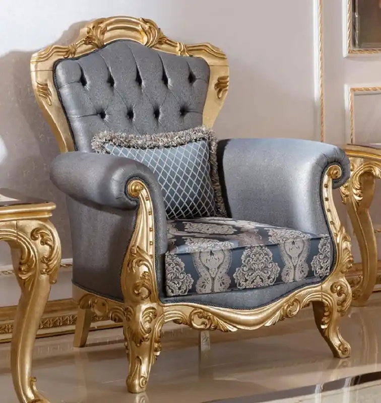 Nur Heute Casa Padrino fauteuil baroque de luxe bleu / or - Fauteuil de salon de style baroque fait main avec motif élégant - Mobilier de salon baroque - Noble & Magnifique