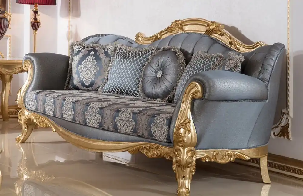 Neue Kollektion Casa Padrino canapé baroque de luxe bleu / or - Canapé de salon de style baroque fait à la main avec motif élégant - Mobilier de salon baroque - Noble et Magnifique