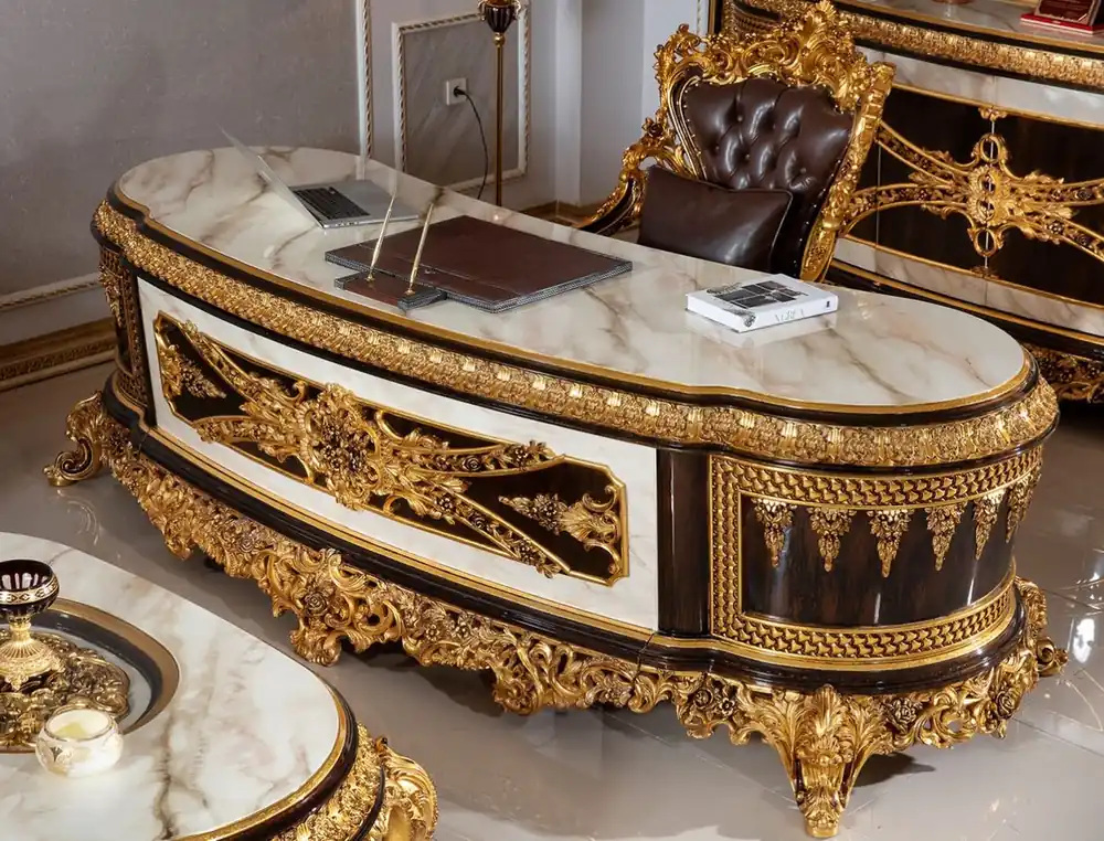 Zertifiziert Casa Padrino ensemble de mobilier de bureau baroque de luxe blanc / marron foncé / or - 1 Bureau Baroque Aspect Marbre & 1 Chaise de Bureau Baroque avec Cuir Artificiel - Mobilier de bureau baroque