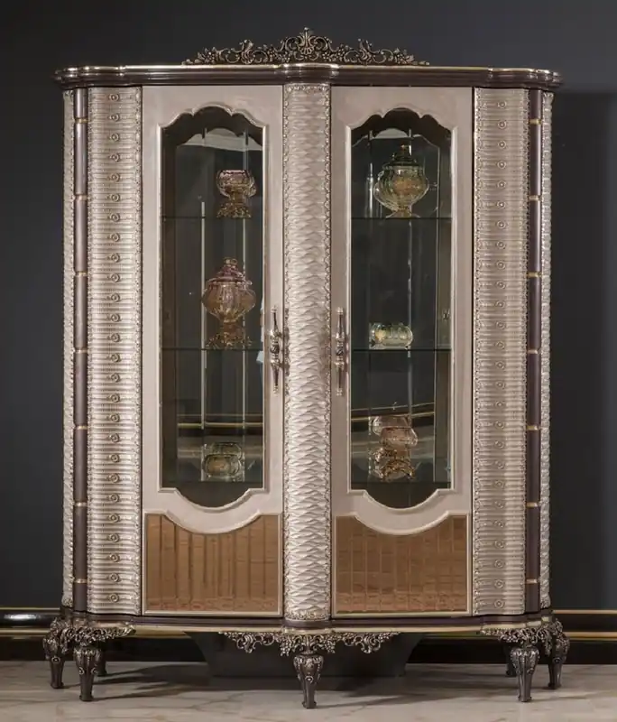Finale Aktion Casa Padrino vitrine baroque de luxe gris / marron / or - Magnifique vitrine en bois massif avec 2 portes vitrées - Meuble Baroque - Noble & Magnifique