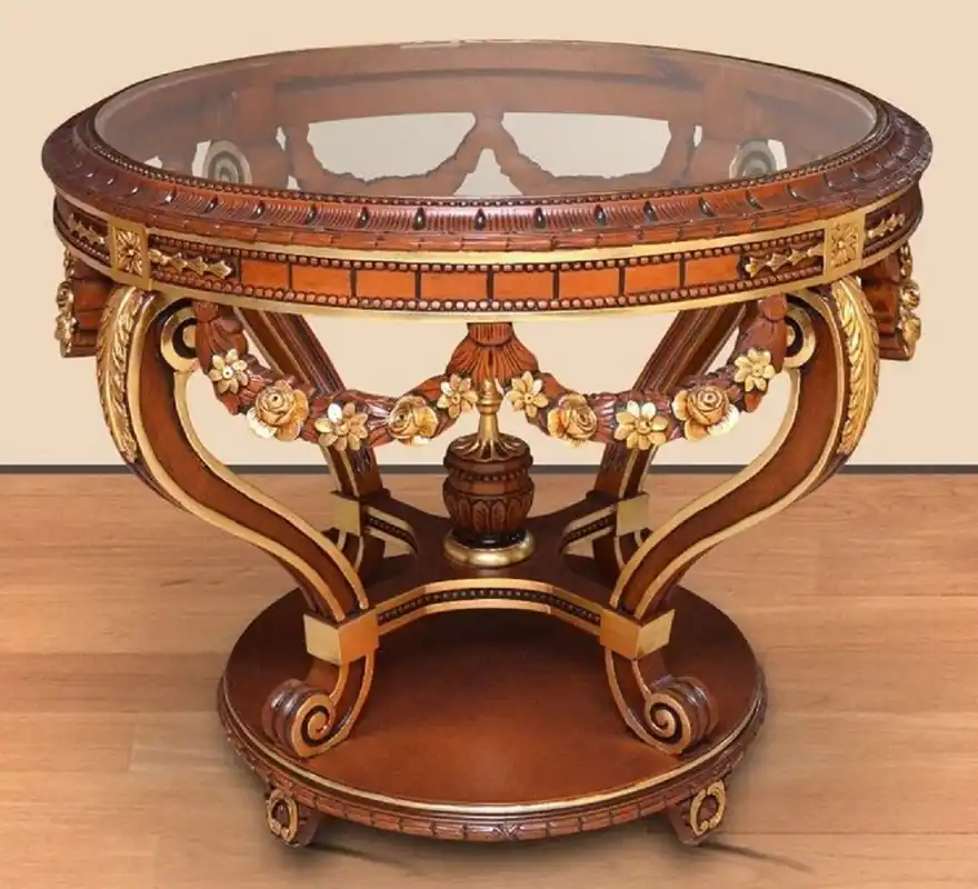 Nur Für Kurze Zeit Casa Padrino table de conférence baroque marron / or - Table de bureau ronde en bois massif avec plateau en verre - Mobilier de bureau baroque - Noble & Magnifique