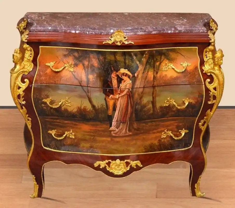 Casa Padrino commode baroque marron / or / rouge - Commode fait main en bois massif avec 3 tiroirs et plateau en marbre - Mobilier Baroque Bestpreis