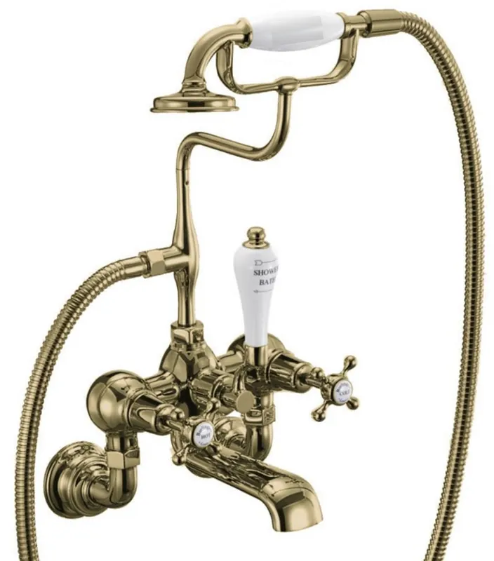 Ausverkauf Casa Padrino robinet de baignoire Art Nouveau de luxe or / blanc H. 46,95 cm - Robinet de bain en laiton nostalgique avec douchette - Accessoires de salle de bain nostalgiques