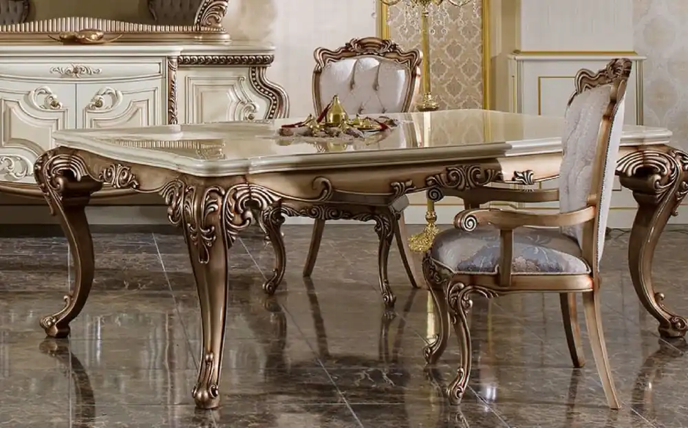 Rabatt Casa Padrino table de salle à manger baroque de luxe blanc / beige / cuivre - Magnifique table de salle à manger en bois massif baroque - Magnifique meuble de salle à manger baroque