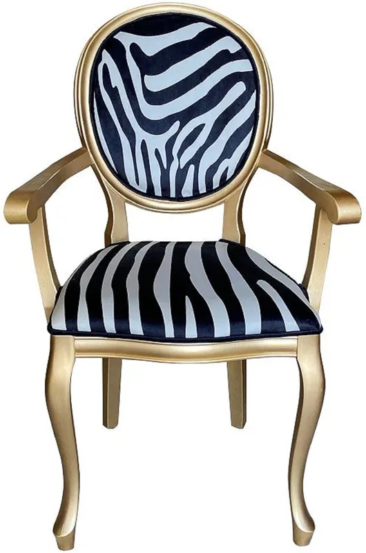 Casa Padrino chaise de salle à manger baroque noir / blanc / or - Chaise de style antique fait main avec accoudoirs et motif zébré - Mobilier de salle à manger de style baroque Geprüft