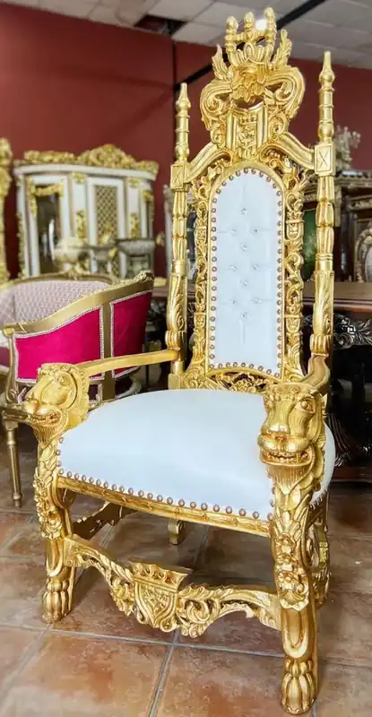 Casa Padrino fauteuil trône baroque avec cuir artificiel et strass blanc / or - Fauteuil royal fait main - Fauteuil de mariage - Fauteuil géant - Magnifique meuble baroque Sonderangebot