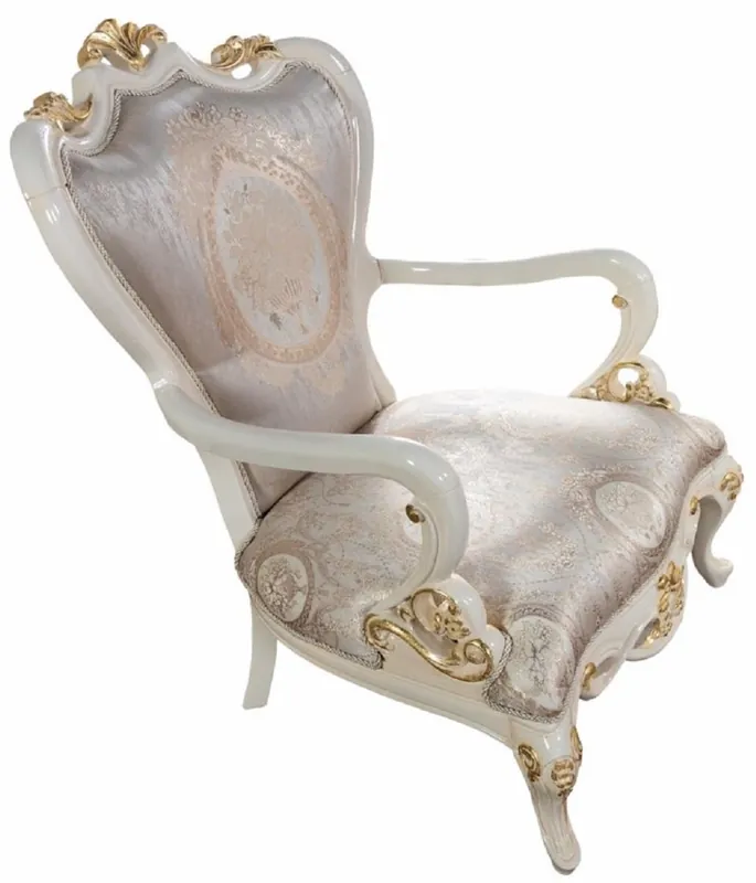 Casa Padrino fauteuil baroque de luxe argent / blanc / or - Magnifique fauteuil de salon avec motif élégant - Mobilier de salon baroque Must-Have