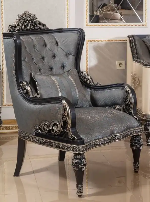 Casa Padrino fauteuil baroque de luxe bleu clair / noir / or - Fauteuil de salon de style baroque fait main avec motif élégant - Mobilier de salon baroque - Noble & Magnifique Geprüft