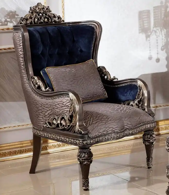 Casa Padrino fauteuil baroque de luxe bleu royal / gris / marron foncé / or - Fauteuil de salon de style baroque fait main avec motif élégant - Mobilier de salon baroque - Noble & Magnifique Super-Preis