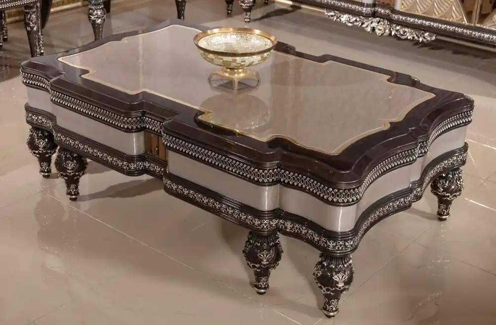 Casa Padrino table basse baroque de luxe gris / marron foncé / or - Magnifique table de salon en bois massif de style baroque - Meuble de salon baroque - Noble & Magnifique Bestseller