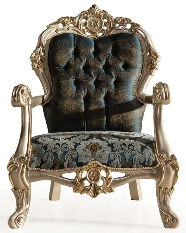 Casa Padrino fauteuil baroque de luxe bleu foncé / turquoise / argent / or - Magnifique fauteuil de salon avec motif élégant - Mobilier de salon baroque Letzte Chance