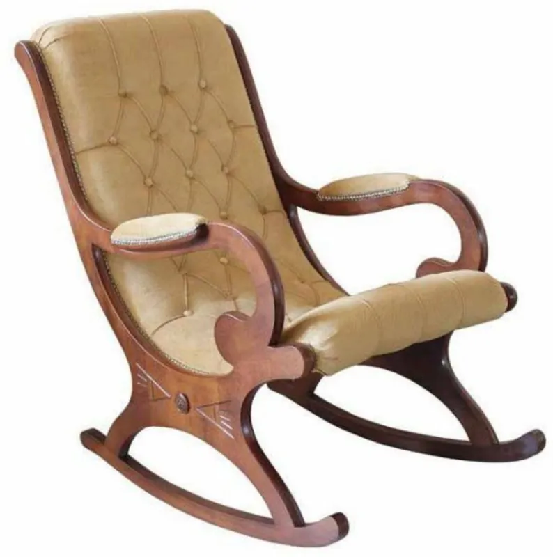 Casa Padrino fauteuil à bascule en cuir Art Nouveau de luxe beige / marron - Chaise à bascule en cuir véritable avec accoudoirs - Mobilier de Salon et de Bureau Art Nouveau - Fabriqué en Italie Direkt Vom Hersteller