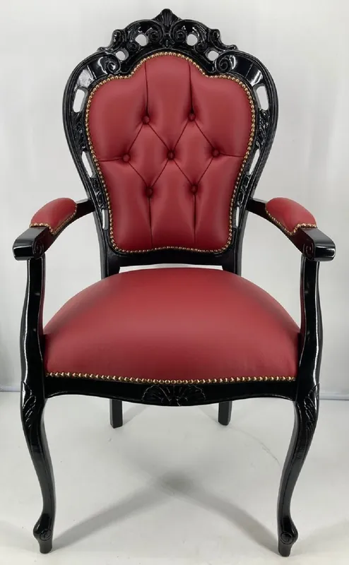 Garantierte Lieferung Casa Padrino chaise de salle à manger baroque de luxe en cuir avec accoudoirs bordeaux rouge / noir - Chaise en cuir véritable baroque - Mobilier de salle à manger baroque - Fabriqué en Italie