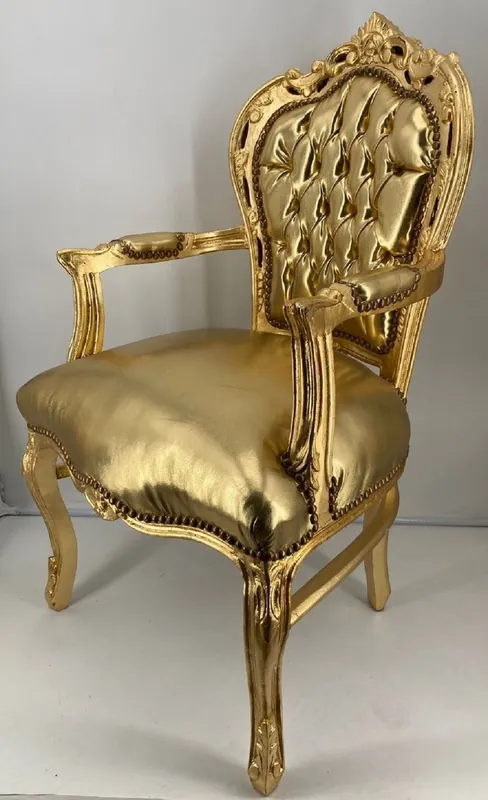 Sofort Bestellen Casa Padrino chaise de salle à manger baroque avec accoudoirs or / or - Chaise en cuir artificiel fait main de style baroque - Mobilier de salle à manger baroque