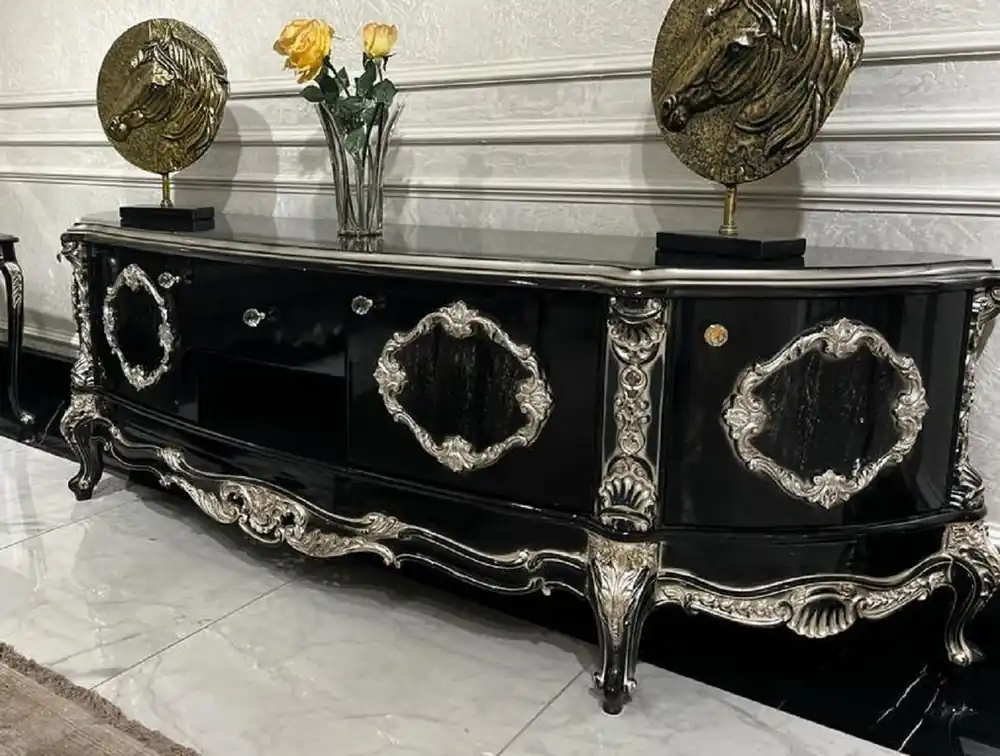 Finale Aktion Casa Padrino buffet baroque de luxe noir / argent - Magnifique armoire en bois massif avec 4 portes et tiroir - Meuble Baroque - Noble & Magnifique