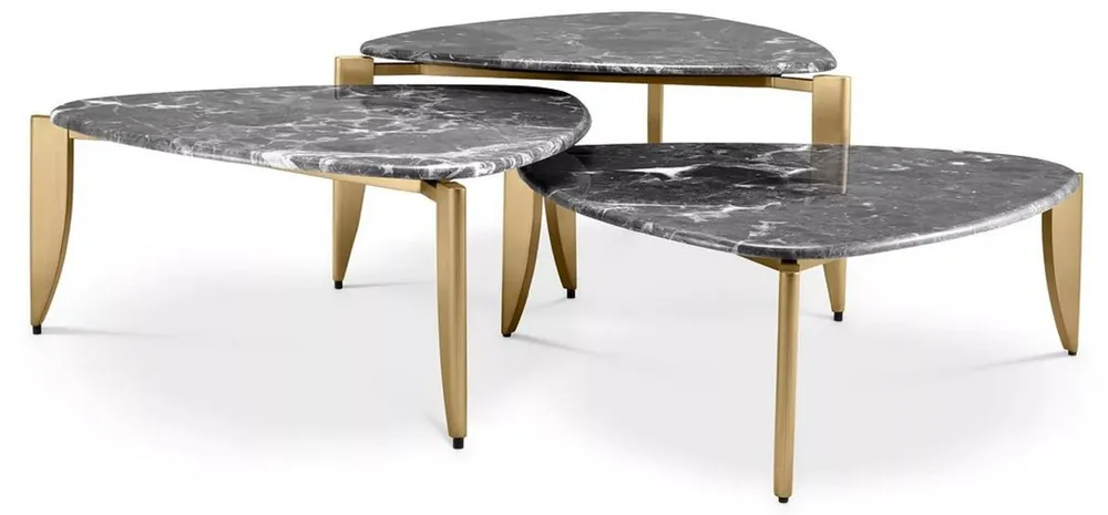Neuheit Casa Padrino ensemble de 3 tables basse de luxe laiton / gris - Tables de salon en laiton avec plateau en marbre - Mobilier de salon - Mobilier d'hôtel - Qualité de luxe