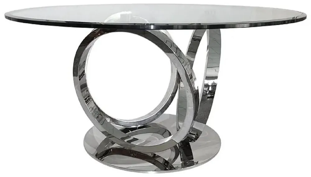 Zertifiziert Casa Padrino table à manger design de luxe argent Ø 150 x H. 76 cm - Table de salle à manger ronde en métal avec plateau en verre - Mobilier de salle à manger design de luxe