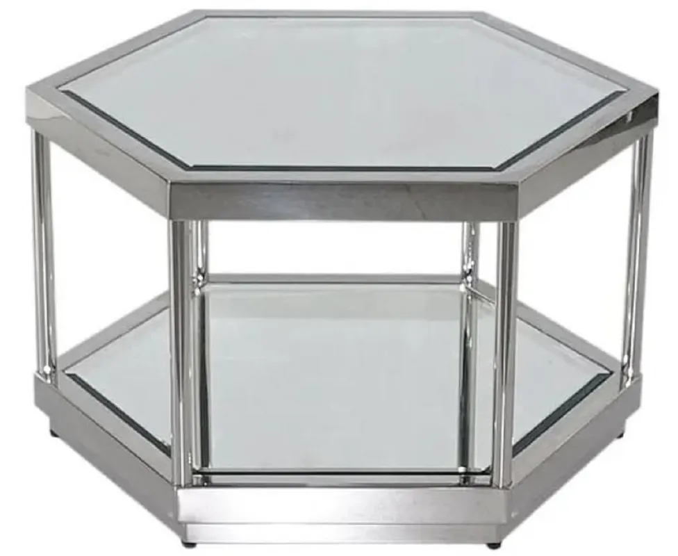 Neue Kollektion Casa Padrino table basse de luxe argent 60 x 52 x H. 36 cm - Table de salon en métal à 6 angles avec plaques de verre - Mobilier de salon - Mobilier de luxe
