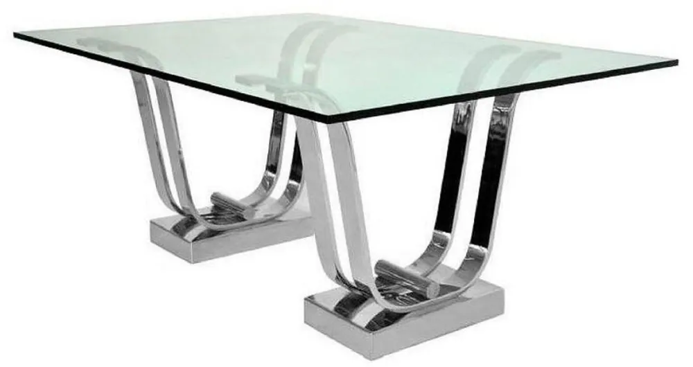 Preis Gesenkt Casa Padrino table à manger de luxe argent 220 x 120 x H. 75 cm - Table de cuisine rectangulaire en métal avec plateau en verre - Meuble de salle à manger - Meuble de cuisine - Meuble de luxe