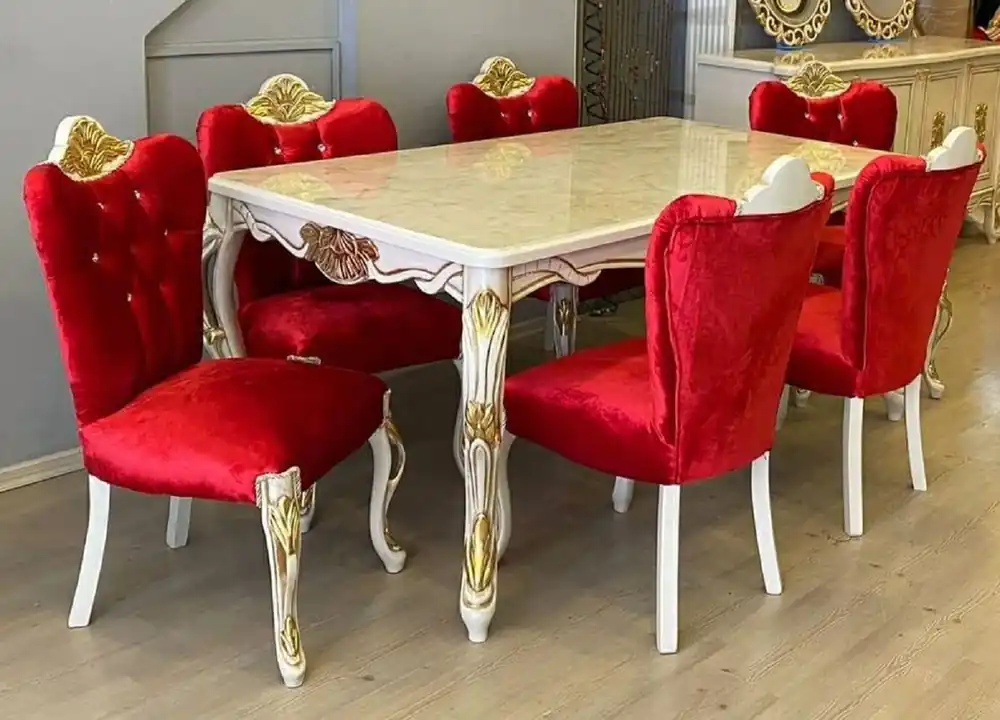 Casa Padrino ensemble de salle à manger baroque de luxe rouge / blanc / or - 1 Table à Manger Baroque et 6 Chaises de Salle à Manger Baroque - Meuble de salle à manger baroque - Meuble baroque Aktuell
