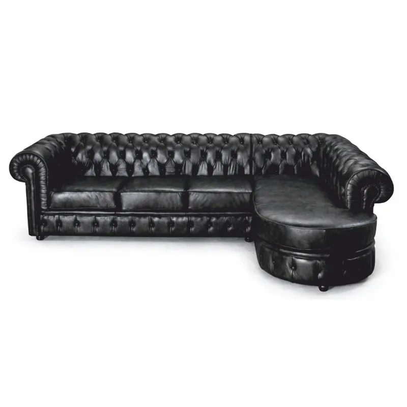 Casa Padrino canapé d'angle Chesterfield de luxe en cuir noir vintage 293 cm - Meubles Chesterfield Sale