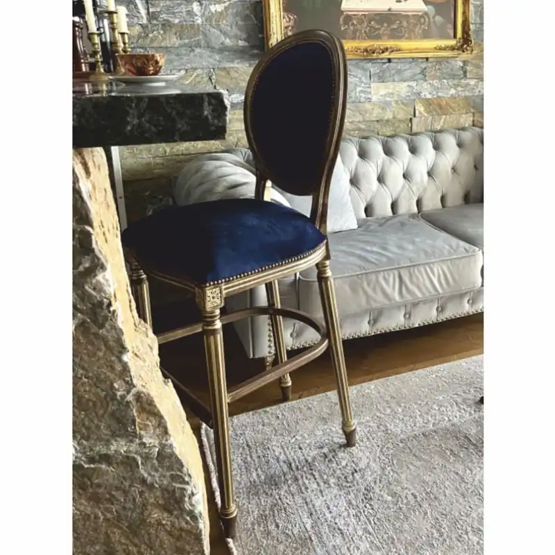 Casa Padrino tabouret de bar baroque de luxe bleu foncé / marron / naturel - Meubles de bar baroque Bestseller