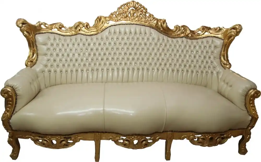 Casa Padrino Baroque 3 seater cream leather look master / gold bling bling rhinestones - Antique Style Furniture Neuheit