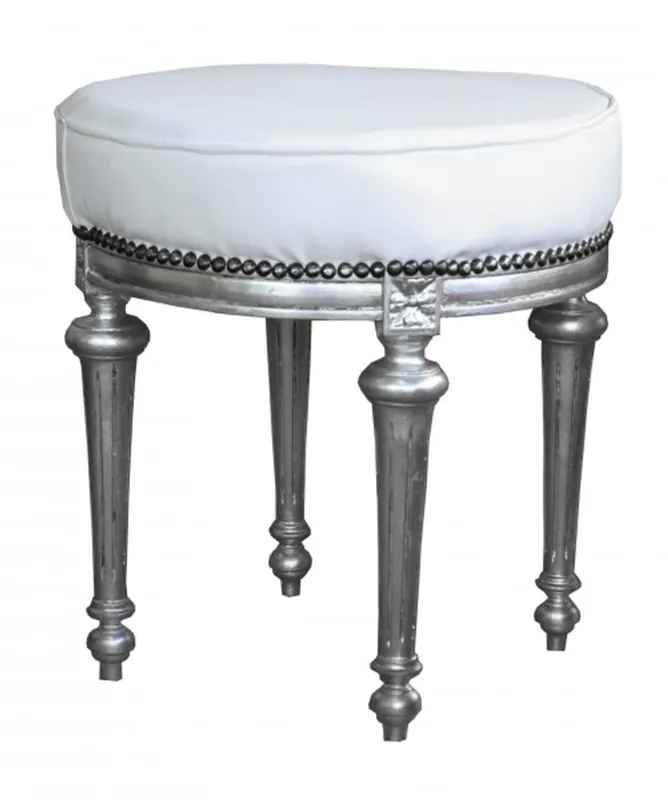 Casa Padrino barocco Sgabello / Sgabello tondo Bianco / Argento Must-Have