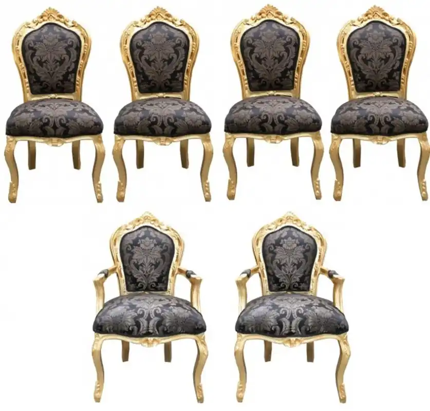 Casa Padrino Barocco Cena Set 4 sedie + 2 sedie con braccioli - stile antico Mobili Casa Padrino Baroque Dinner Set Chair Set Black Pattern / Gold - 4 chairs without armrests 2 chairs with armrests - furniture antique style Versand Am Gleichen Tag
