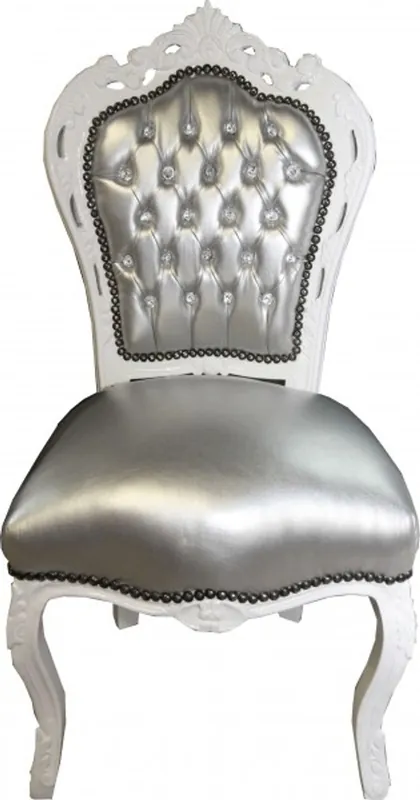 Casa Padrino Barocco Cena sedia d'argento similpelle / bianco con strass bling bling Markenprodukt