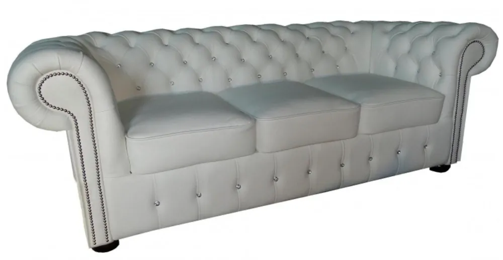 Ausverkauf Casa Padrino Chesterfield divano a 3 posti in pelle bianca con pietre scintillanti 200 x 90 x H. 78 cm - Mobili di Lusso