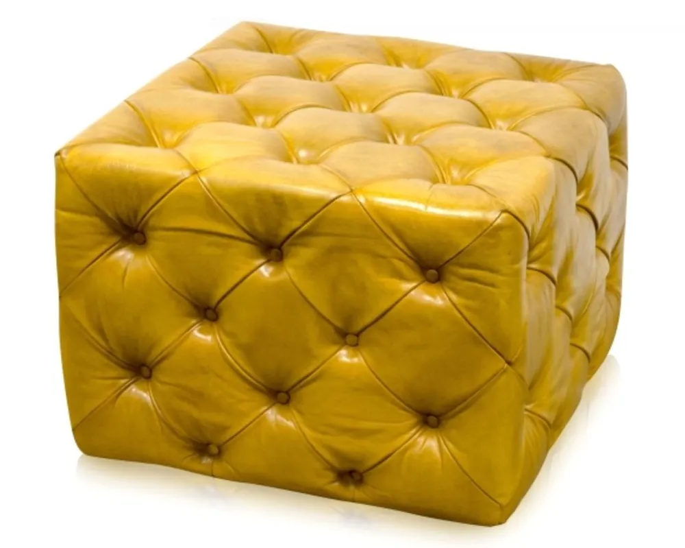 Casa Padrino sgabello del piede di lusso in cuoio genuino vintage giallo d'annata 64 x 64 x H. 46 cm - Arredi in Chesterfield Abverkauf