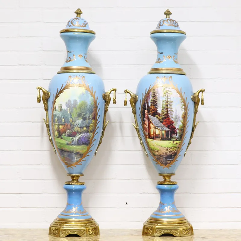 Casa Padrino Deco Vasi Azzurro / Oro 30 x H. 100 cm - Set di Vasi in Porcellana Stile Barocco Online Kaufen