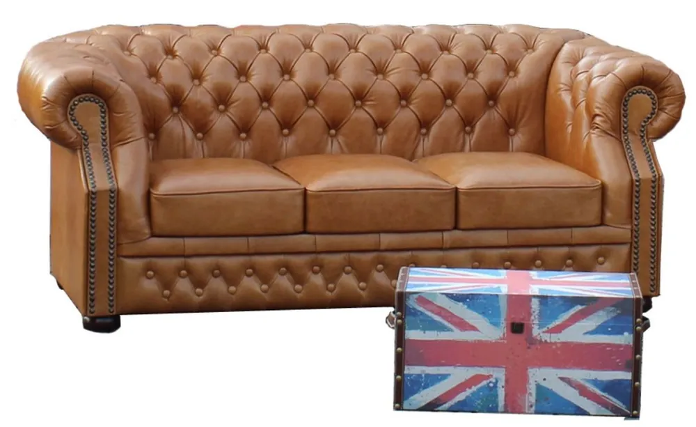 Direktkauf Casa Padrino divano a 3 posti in vera pelle marrone chiaro 210 x 90 x H. 80 cm - Divano Chesterfield
