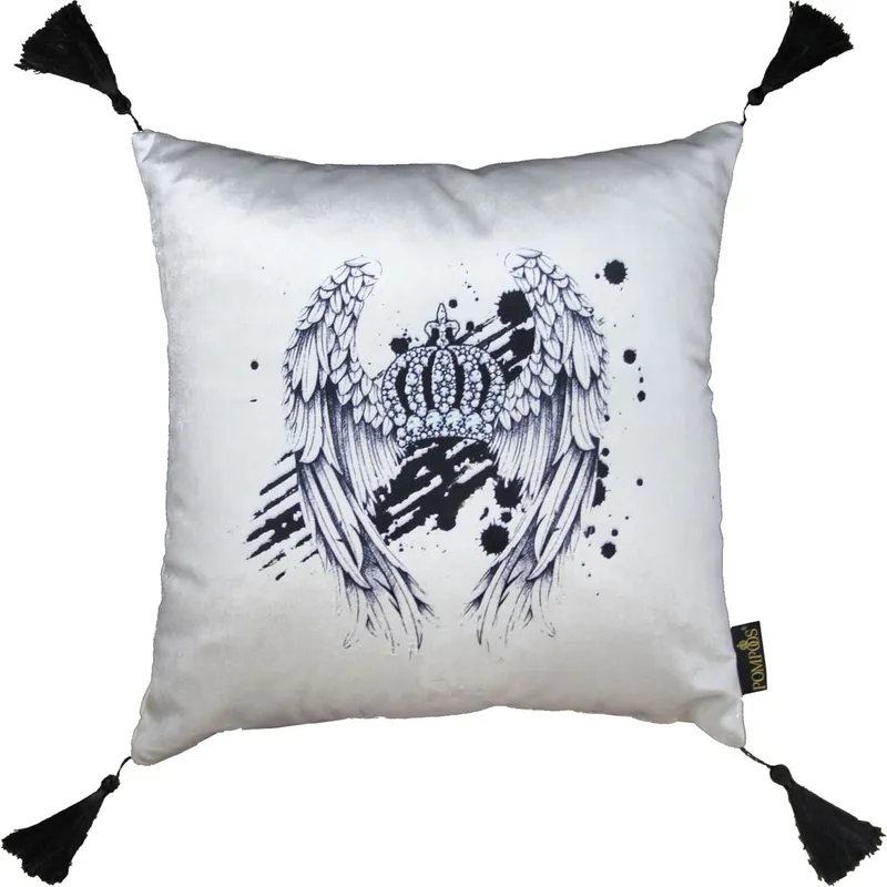 Abverkauf Cuscino barocco decorativo di lusso Mod2 Harald Glööckler con ali d'angelo Pompöös di Casa Padrino crema / corona nera Deluxe con nappe - Cuscino Glööckler