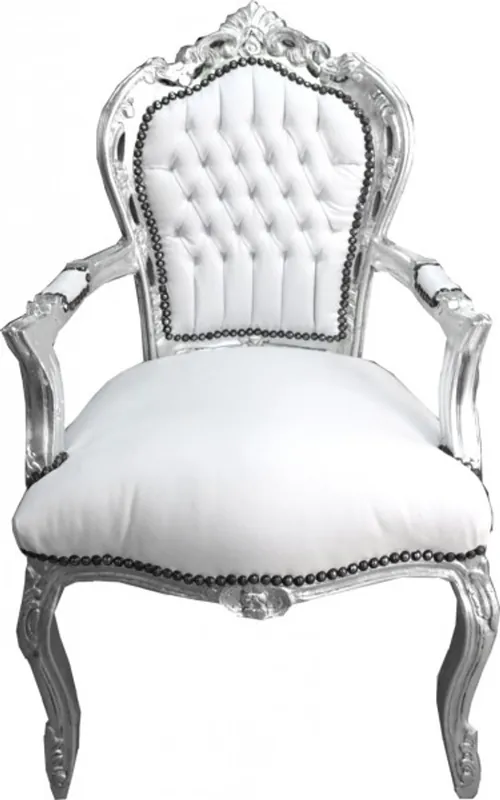 Casa Padrino Barocco Cena Sedia con braccioli bianco / sguardo pelle argento - stile antico Mobili Nur Für Kurze Zeit